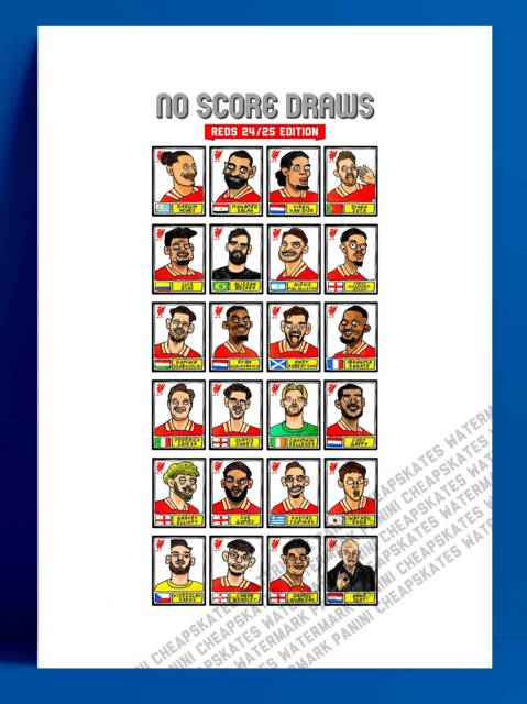 Liverpool Vol 6 - No Score Draws Reds 24-25 Edition A3 Print Of 24 Hand-Drawn Panini-style Doodles Arne Slot's Lfc Epl Squad - image 1