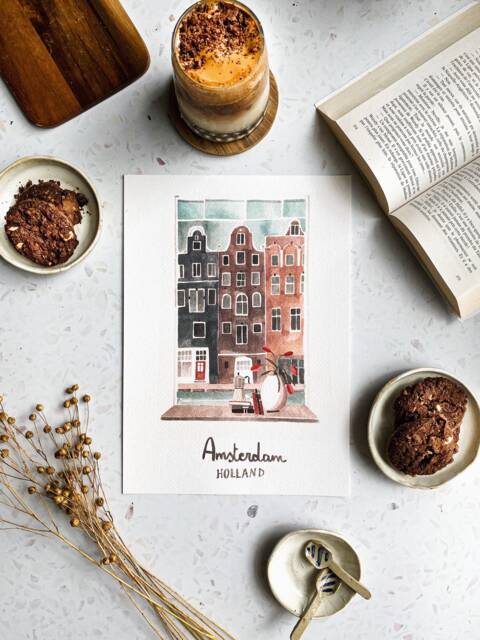 Handmade Amsterdam Watercolor Print Rooftop View, City Wall Art - image 1