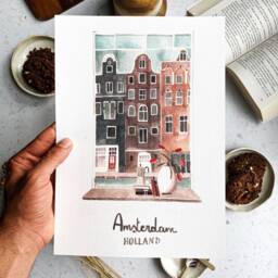 Handmade Amsterdam Watercolor Print Rooftop View, City Wall Art - thumbnail 2
