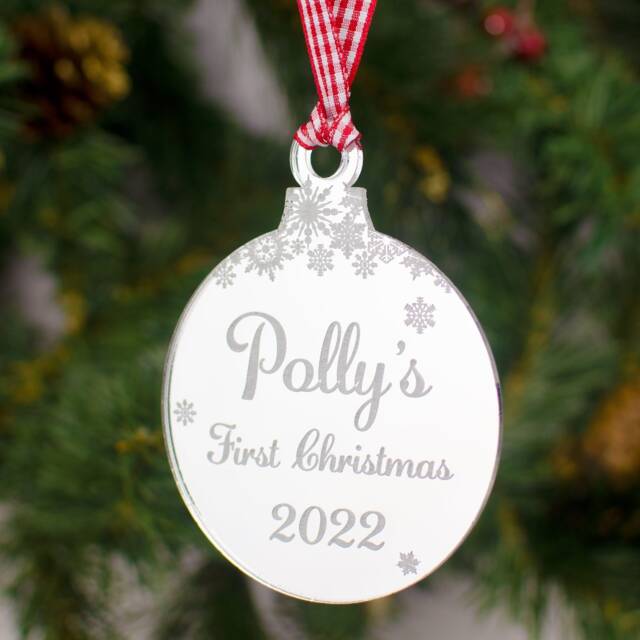 Personalised Baby's First Christmas Tree Decoration, Mirrored Acrylic Bauble - image 1