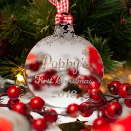 Personalised Baby's First Christmas Tree Decoration, Mirrored Acrylic Bauble - thumbnail 3
