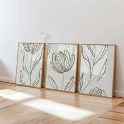 Set Of 3 Botanical Line Art Prints, Minimalist Leaf & Flower Posters, Modern Nature Inspired Wall Decor - thumbnail 3