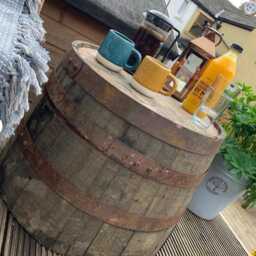Flat Top Oak Whiskey Barrel - Ideal Garden Table, Coffee Table , Side Stand, Patio Drinks - thumbnail 3