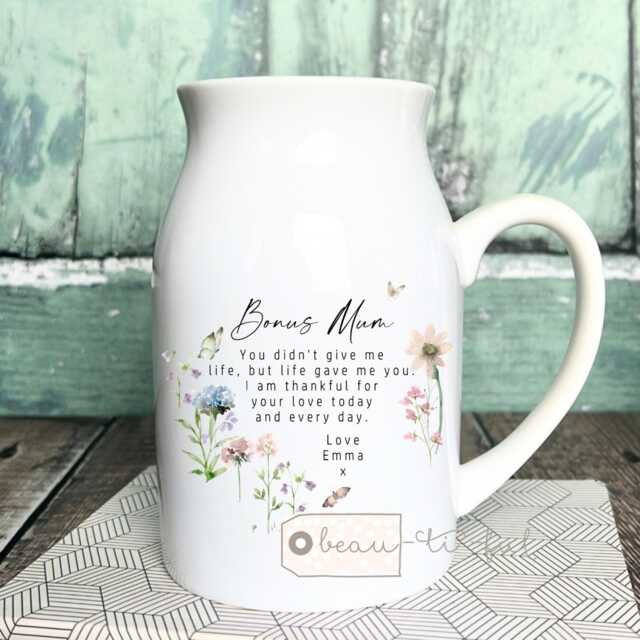 Personalised Bonus Mum Gift Step Mom Mam Mommy Mummy Auntie Like A Pink Wildflower Floral Ceramic Small Vase Jug Mug - image 1