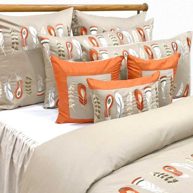 King, Queen & Twin Size Beige Decorative Duvet Cover Set, Cotton Embroidery, Abstract Modern - Feather Embroidery - image 1