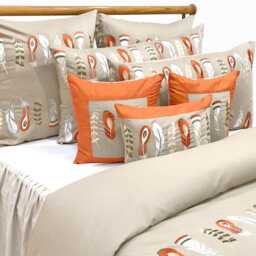 King, Queen & Twin Size Beige Decorative Duvet Cover Set, Cotton Embroidery, Abstract Modern - Feather Embroidery - thumbnail 1