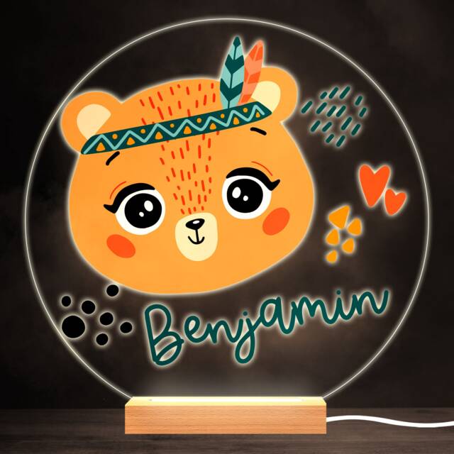 Cute Boho Bear Colourful Round Personalised Gift Warm White Led Lamp Night Light - Bedroom - image 1