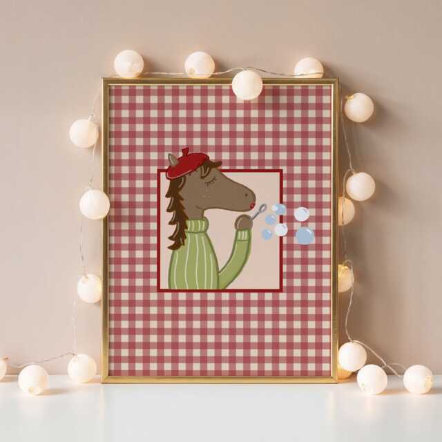 Gingham Horse Print - Toddler Bedroom Wall Art, Modern Nursery Decor - image 1