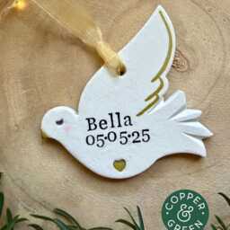 Personalised Dove Christmas Decoration, Memorial Ornament, Handmade Clay Keepsake, Remembrance Gift, in Loving Memory - thumbnail 4