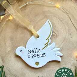 Personalised Dove Christmas Decoration, Memorial Ornament, Handmade Clay Keepsake, Remembrance Gift, in Loving Memory - thumbnail 2