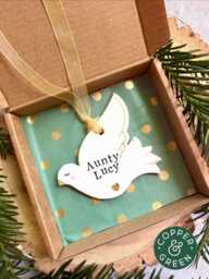 Personalised Dove Christmas Decoration, Memorial Ornament, Handmade Clay Keepsake, Remembrance Gift, in Loving Memory - thumbnail 1