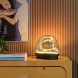 Gambia Amber Glass Table Lamp, Hand-Blown Sphere, Matte Black Base, Mid Century Accent - thumbnail 1