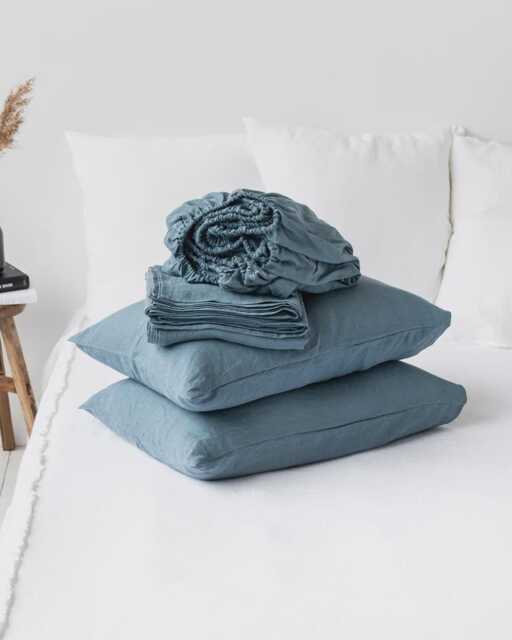 Gray Blue Linen Sheet Set - Muted Stonewashed Bedding Breathable Flat Sheet, Fitted Pillowcases Oeko-Tex Certified - image 1