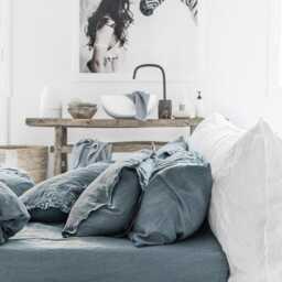 Gray Blue Linen Sheet Set - Muted Stonewashed Bedding Breathable Flat Sheet, Fitted Pillowcases Oeko-Tex Certified - thumbnail 2
