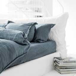 Gray Blue Linen Sheet Set - Muted Stonewashed Bedding Breathable Flat Sheet, Fitted Pillowcases Oeko-Tex Certified - thumbnail 3