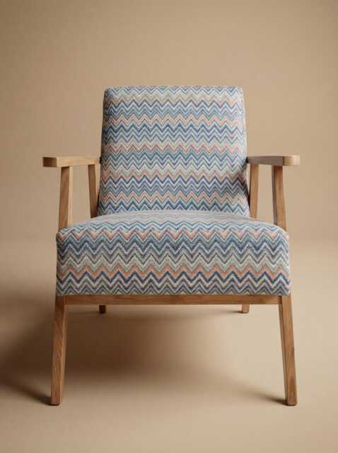 Mid-Century Modern Armchair - Solid Oak Wood Frame Colorful Zigzag Upholstery Handcrafted Retro Accent Chair - image 1