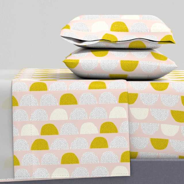 Blush & Mustard Sheets - Moon Phases By Littlesmilemakers Scandi Retro Modern Abstract Cotton Sateen Sheet Set Bedding Spoonflower - image 1
