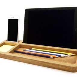 Oak Wood Desk Organizer Tablet & Phone Stand, Home Office Tidy, Workspace Storage Accessory - thumbnail 4