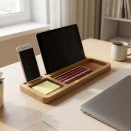 Oak Wood Desk Organizer Tablet & Phone Stand, Home Office Tidy, Workspace Storage Accessory - thumbnail 2