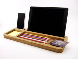 Oak Wood Desk Organizer Tablet & Phone Stand, Home Office Tidy, Workspace Storage Accessory