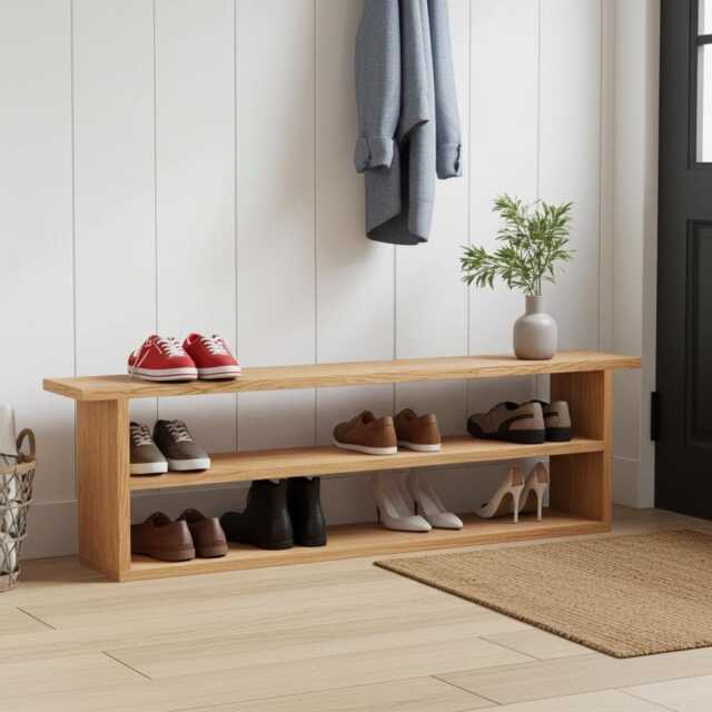 American Oak Shoe Rack Bench - Storage Entryway Solid - image 1