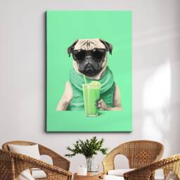 Vibrant Pug Drinking With Glasses Dog Painting Framed Poster Print & Canvas Wall Decor Art Bedroom Home Interior Gift For Lover