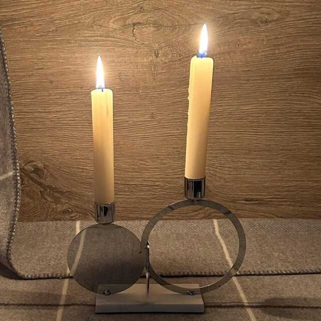 Preloved Silver Tone & White Stone Circle Dual Candle Holder - Contemporary Petite 2-Candle Candelabra Modernist Art Mantelpiece Decor - image 1