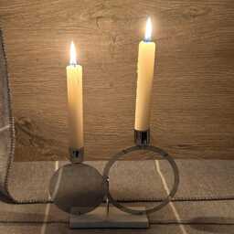 Preloved Silver Tone & White Stone Circle Dual Candle Holder - Contemporary Petite 2-Candle Candelabra Modernist Art Mantelpiece Decor - thumbnail 1