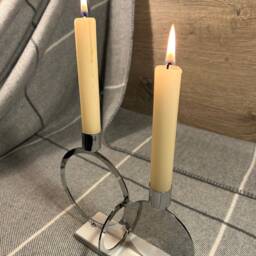 Preloved Silver Tone & White Stone Circle Dual Candle Holder - Contemporary Petite 2-Candle Candelabra Modernist Art Mantelpiece Decor - thumbnail 3