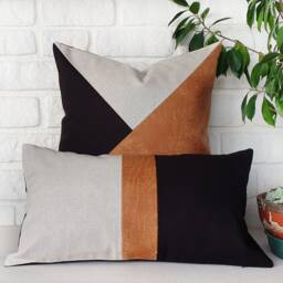 Color Block Lumbar Pillow Cover Linen & Faux Leather, Modern Scandinavian - thumbnail 2