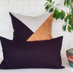 Color Block Lumbar Pillow Cover Linen & Faux Leather, Modern Scandinavian - thumbnail 3