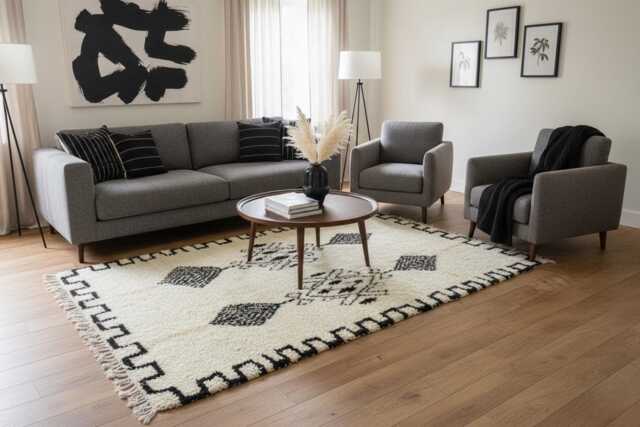 Handwoven Beni Ourain Rug - Black Cream Wool Berber Tribal Diamond Carpet - image 1
