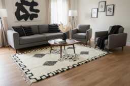Handwoven Beni Ourain Rug - Black Cream Wool Berber Tribal Diamond Carpet - thumbnail 1
