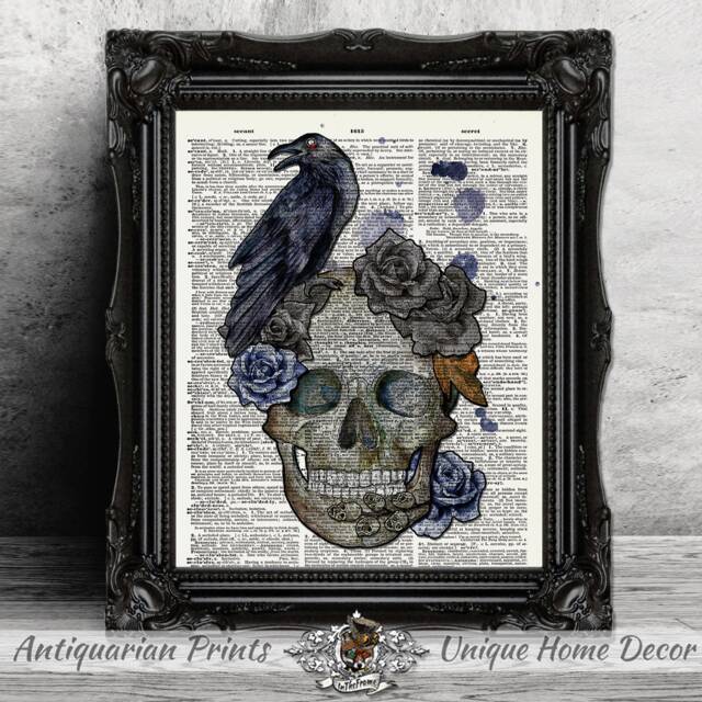 Skull & Raven Art Print, Gothic Home Decor, Print On Antique Dictionary Book Page, Black Roses Poster - image 1