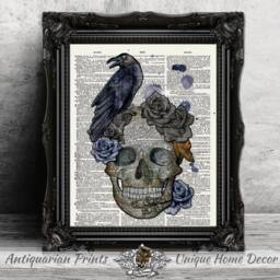 Skull & Raven Art Print, Gothic Home Decor, Print On Antique Dictionary Book Page, Black Roses Poster - thumbnail 1