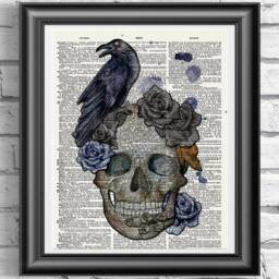 Skull & Raven Art Print, Gothic Home Decor, Print On Antique Dictionary Book Page, Black Roses Poster - thumbnail 2