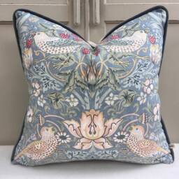 William Morris Fabric Cushion Cover Strawberry Thief Slate Blue Designer Sofa Throw Pillow - thumbnail 1