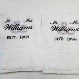 Personalised Wedding Towel Set, Bath Mr & Mrs Towels, Embroidered 2nd Anniversary Gift, Silver Ruby Golden Anniversary - thumbnail 3