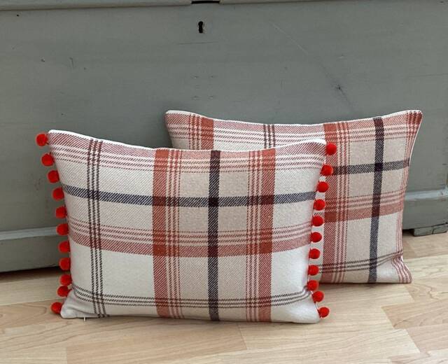 Balmoral Tartan Throw Pillow Set Burnt Orange Pom Bolster Cushions - image 1