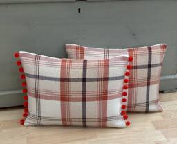 Balmoral Tartan Throw Pillow Set Burnt Orange Pom Bolster Cushions - thumbnail 1