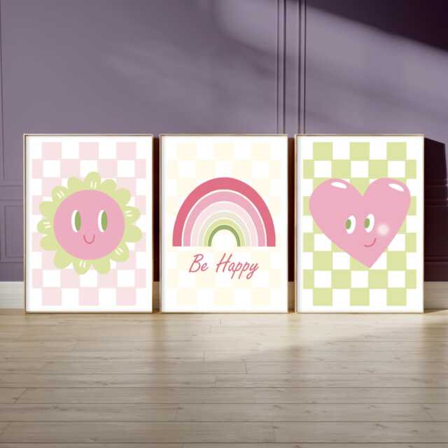 Pastel Kids Room Prints Retro Positive Quote Wall Art, Be Happy Poster - image 1