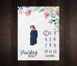 Pink & Blue Floral Milestone Blanket, Baby Shower Gift, Keepsake Girl Wreath Blanket