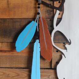 Western Metal Wall Art - Boho Decor Hand Painted Cow Skull Turquoise Beads Tribal Feather Bohemian - thumbnail 3