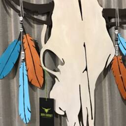 Western Metal Wall Art - Boho Decor Hand Painted Cow Skull Turquoise Beads Tribal Feather Bohemian - thumbnail 4