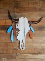 Western Metal Wall Art - Boho Decor Hand Painted Cow Skull Turquoise Beads Tribal Feather Bohemian