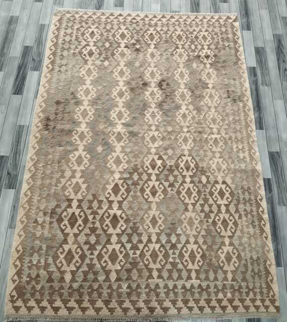 Handmade Afghan Kilim Rug, Artisan Natural Wool Flatweave, Tribal Geometric Turkish Persian Navajo Bohemian Design, 268x184 cm - image 1