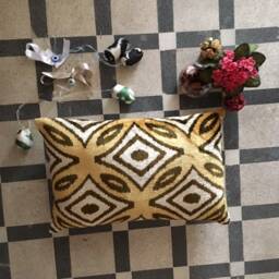 Handwoven Silk Ikat Velvet Lumbar Pillow Cover Gold Beige Ethnic Cushion - thumbnail 4