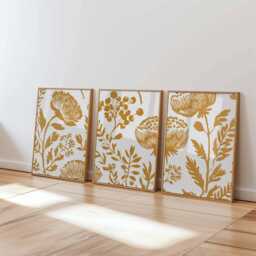 Mustard Floral Wall Art Set Of 3, Minimal Botanical Prints, Modern Line Flower Posters For Neutral Living Room Or Scandinavian Decor - thumbnail 1