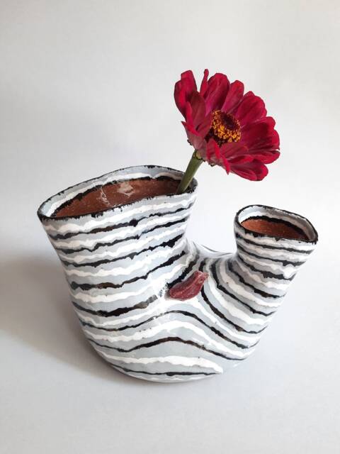 Ceramic White Handmade Striped Vase With Bird, Modern Flower Vase, Pottery Handbuild - image 1
