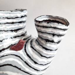 Ceramic White Handmade Striped Vase With Bird, Modern Flower Vase, Pottery Handbuild - thumbnail 2